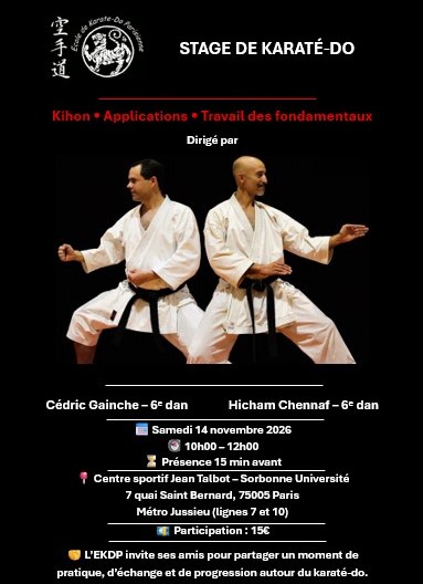 Affiche du stage de karaté-do du 14 novembre 2026 : Cédric Gainche et Hicham Chennaf, 6ᵉ dan, en kimono